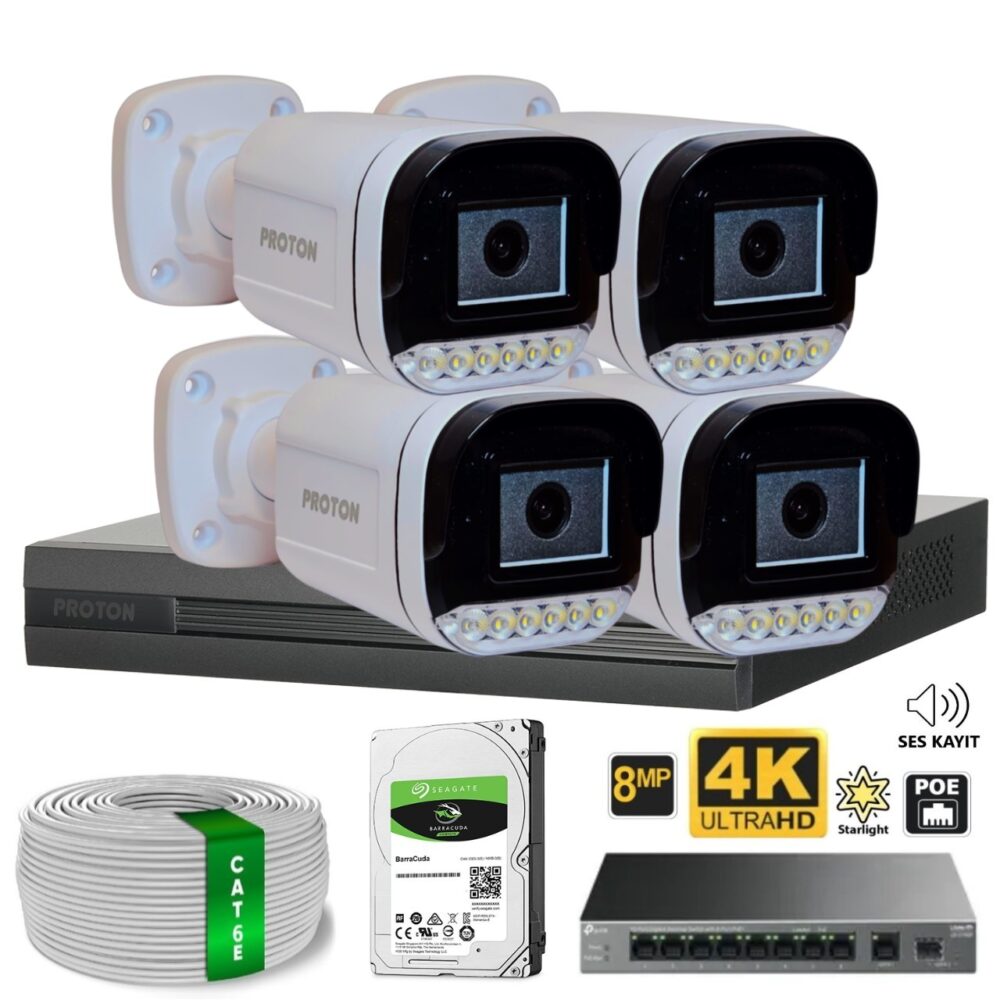 4 Kameralı Mikrofonlu Sesli 4K POE IP Kamera Seti